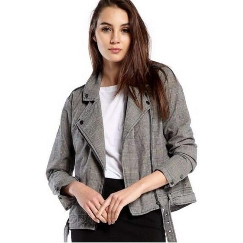 Michael Stars Houndstooth Moto Style Jacket Plaid Gray Cotton Blazer Sz M